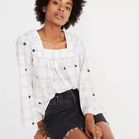 Madewell Embroidered Windowpane Square-Neck Button-Down Top - Picture 1 of 14